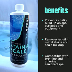 AquaDoc spa stain control with bromine and chlorine compatibility for sanitized spas.