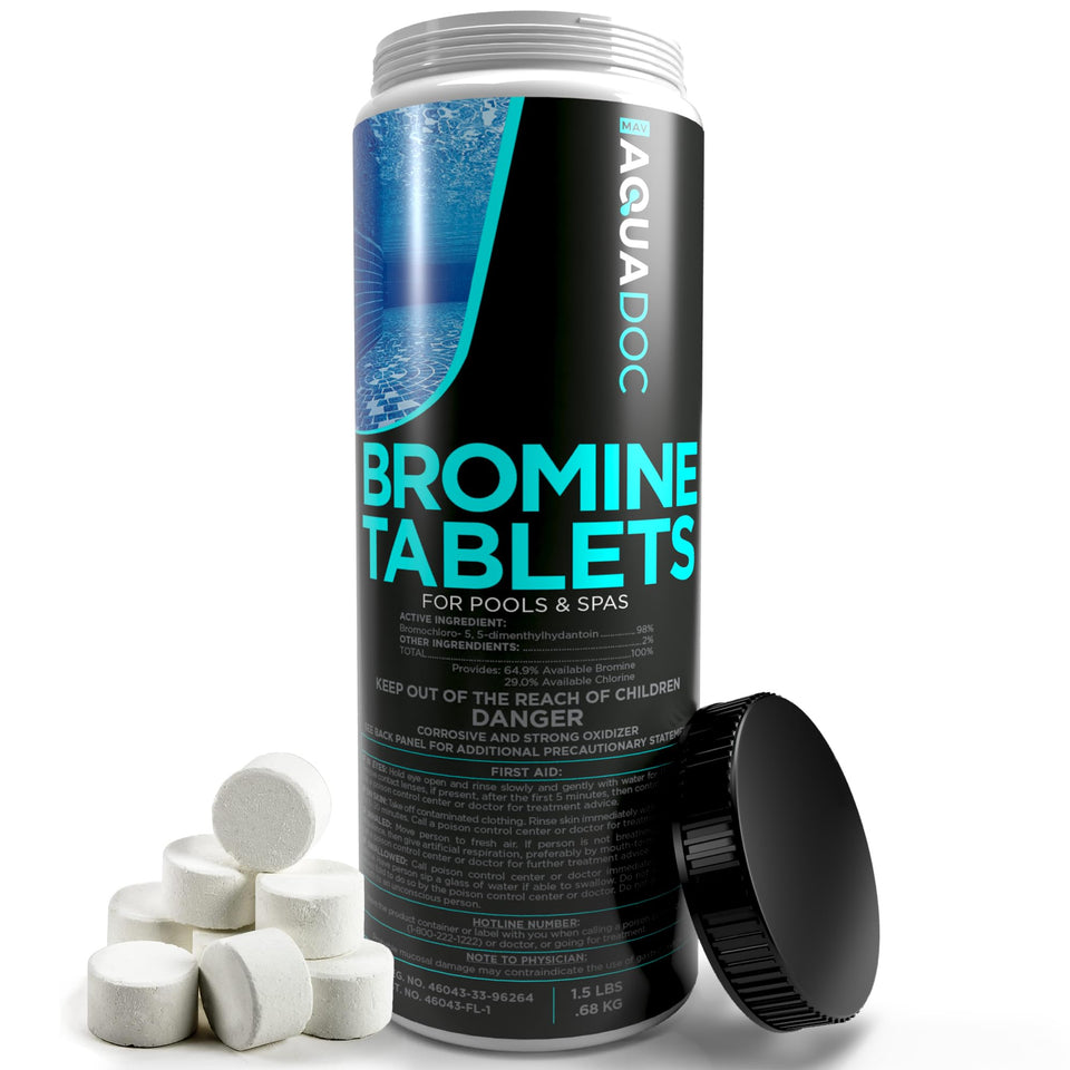 AquaDoc Bromine Tablets packaging shown for easy hot tub dosing
