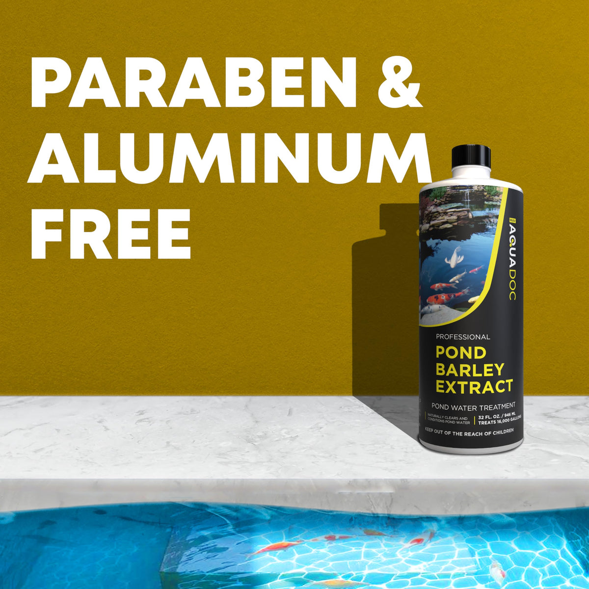 AquaDoc barley extract bottle with koi fish in background.