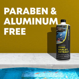 AquaDoc barley extract bottle with koi fish in background.