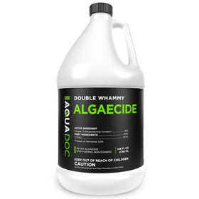 MAV AquaDoc copper pool algaecide bottle showing easy 64 oz application and protection