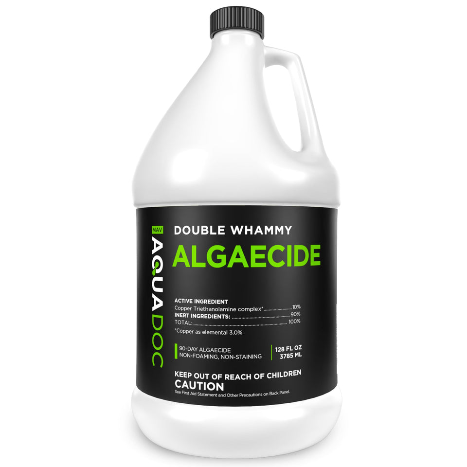 MAV AquaDoc copper pool algaecide bottle showing easy 64 oz application and protection