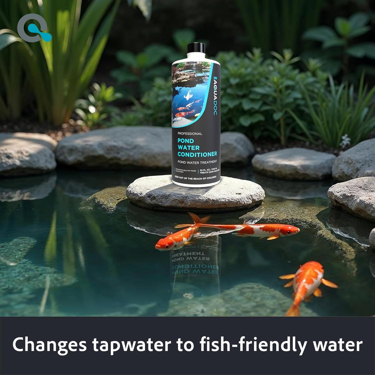 MAV AquaDoc dechlorinator bottle label highlighting concentrated formula for ponds