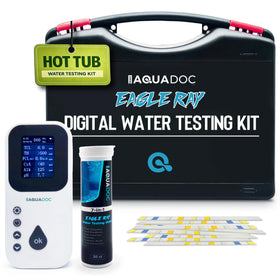 AquaDoc Eagle Ray digital analyzer display shows precise spa readings.