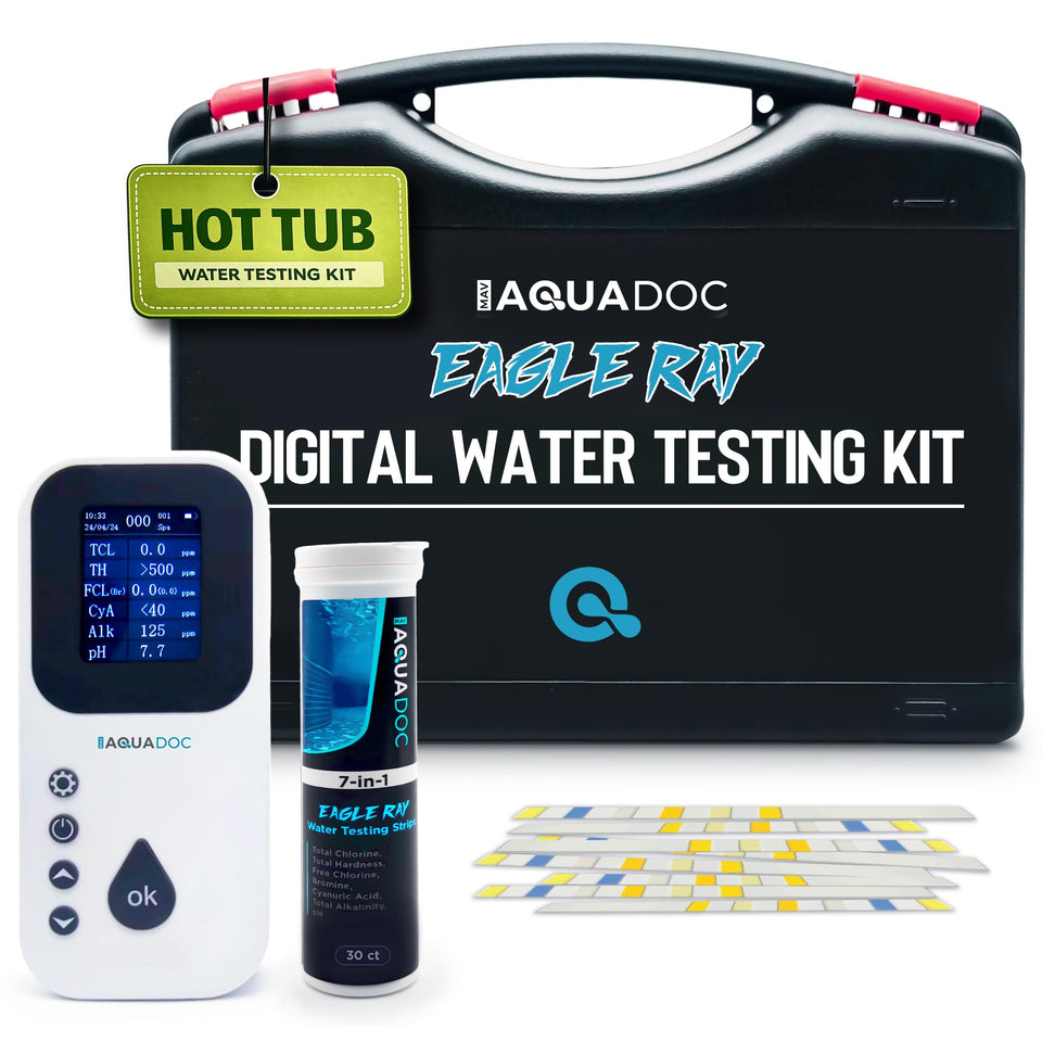 AquaDoc Eagle Ray digital analyzer display shows precise spa readings.