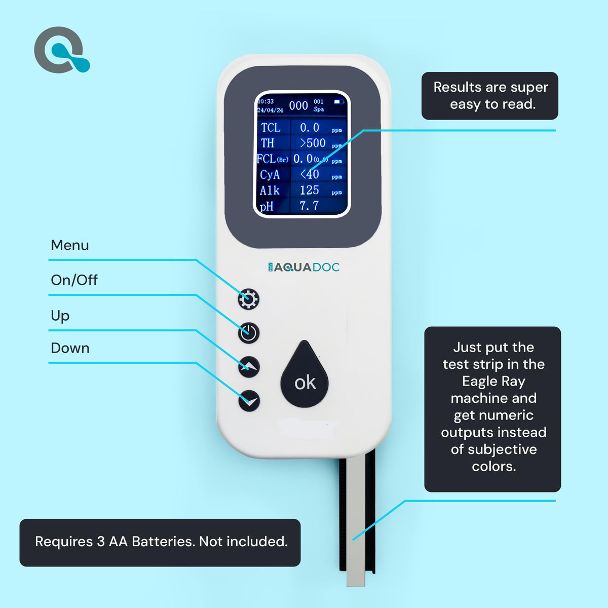 Spa setup guides balanced alkalinity and hardness with Eagle Ray.
