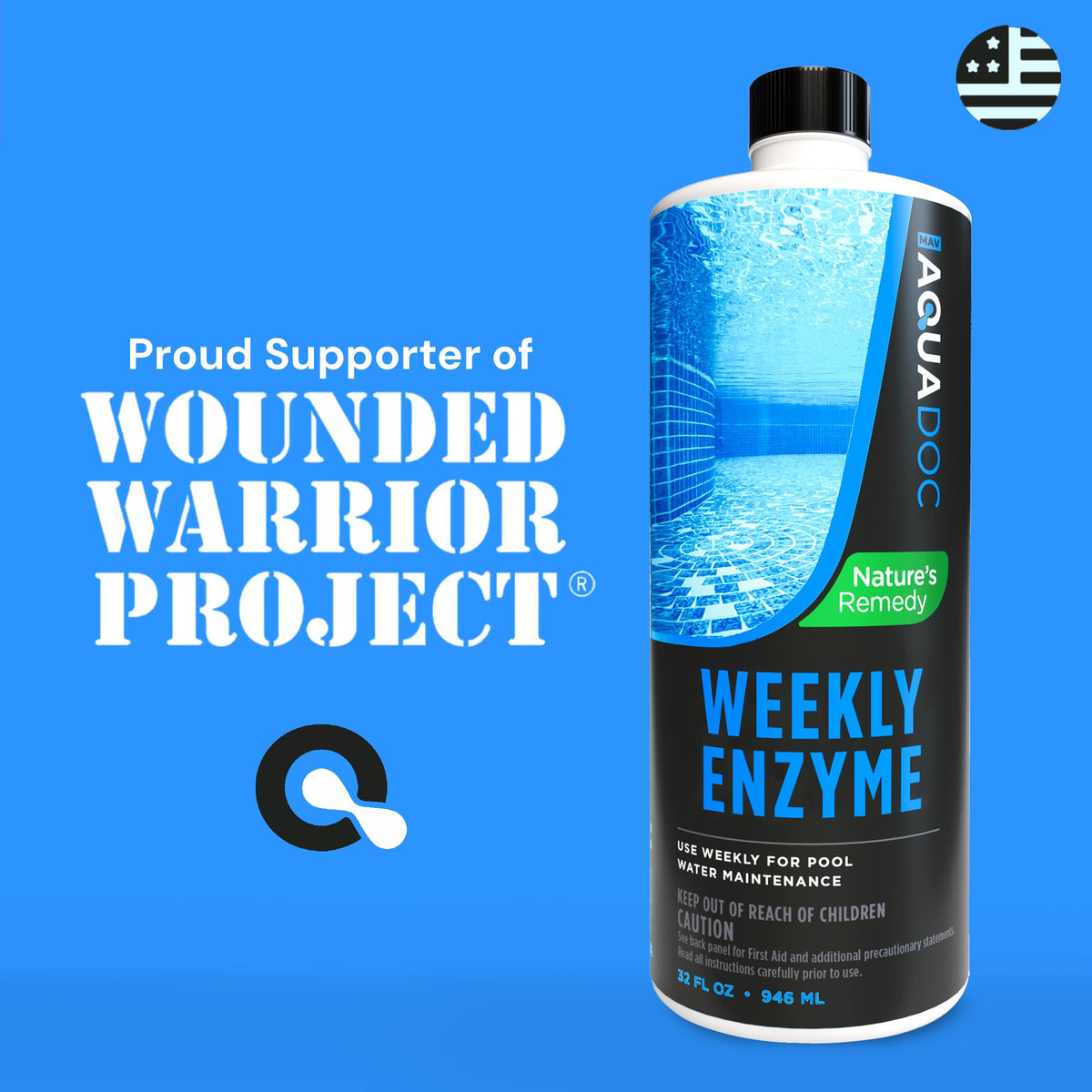 MAV AquaDoc eco-friendly enzyme formula bottle emphasizing non-toxic, biodegradable pool care.