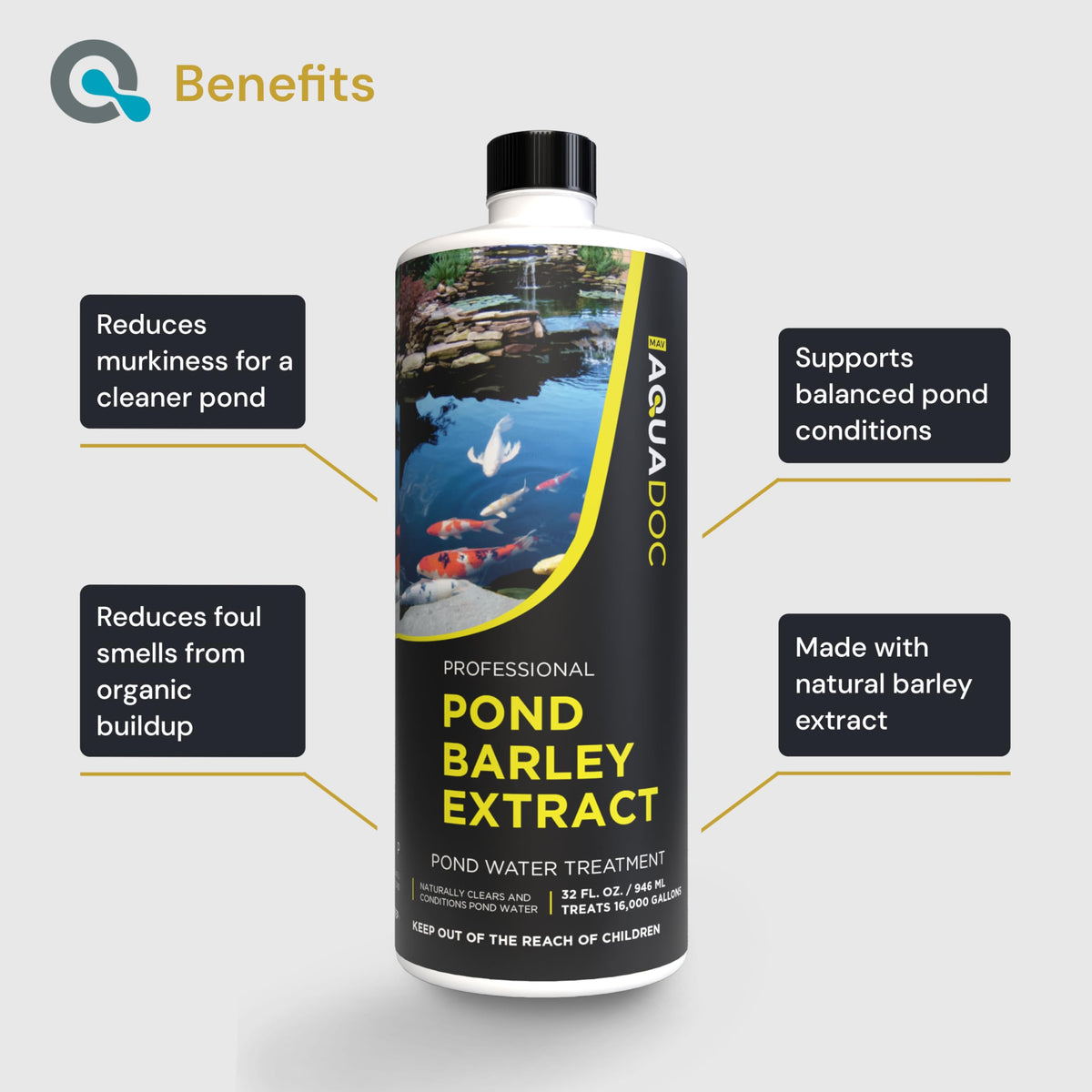AquaDoc barley extract bottle used in koi pond setup for clarity.