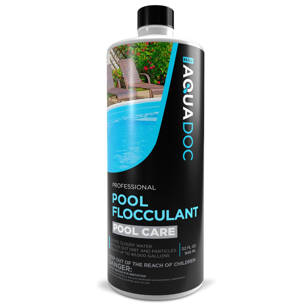 MAV AquaDoc flocculant bottle boosts pool water clarity.