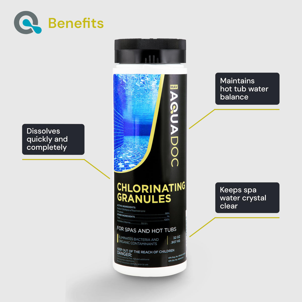 MAV AquaDoc hot tub chlorine action showing fast-dissolving granules at work