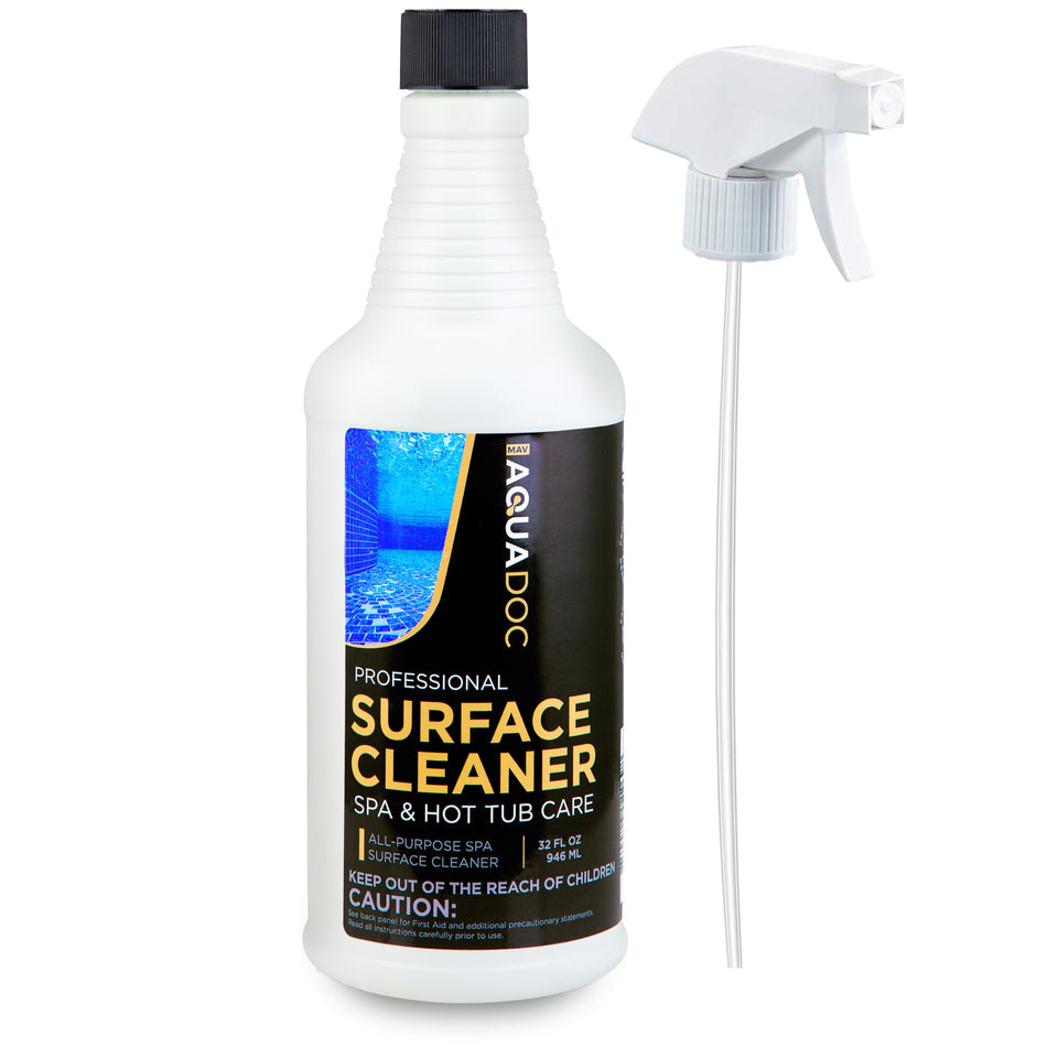 MAV AquaDoc hot tub cleaner spray bottle for quick, even application on spa surfaces.