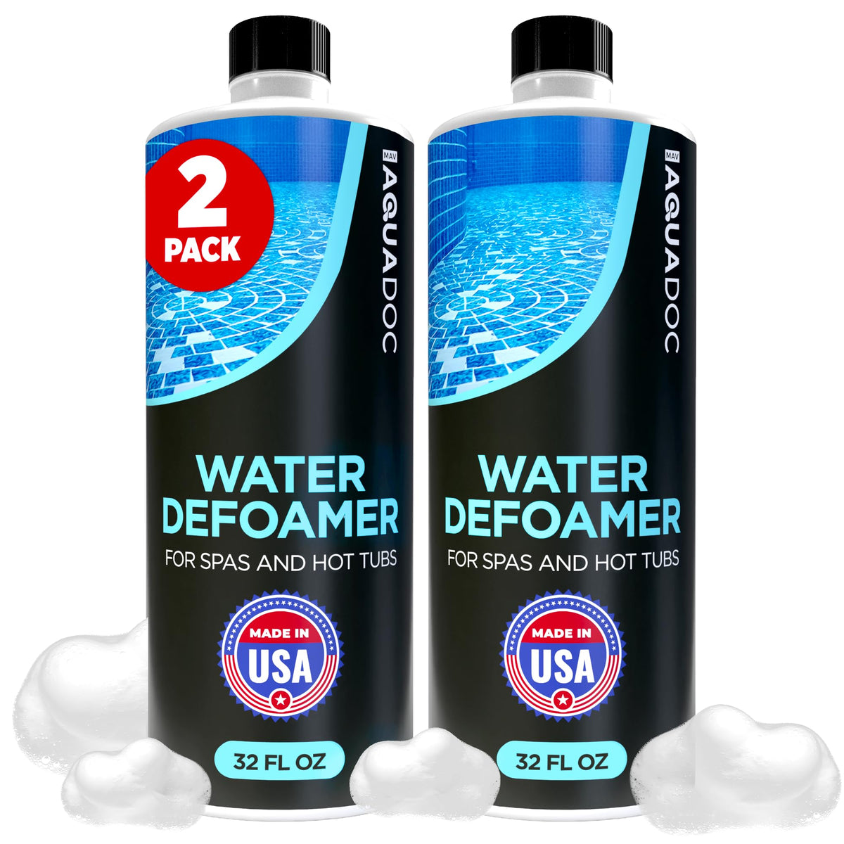 MAV AquaDoc hot tub defoamer bottle pour shows fast foam relief