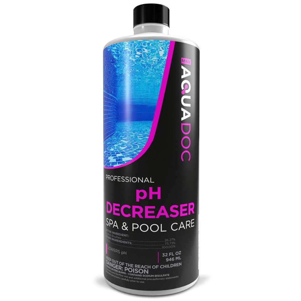MAV AquaDoc hot tub pH Decreaser bottle balances spa water for comfort.