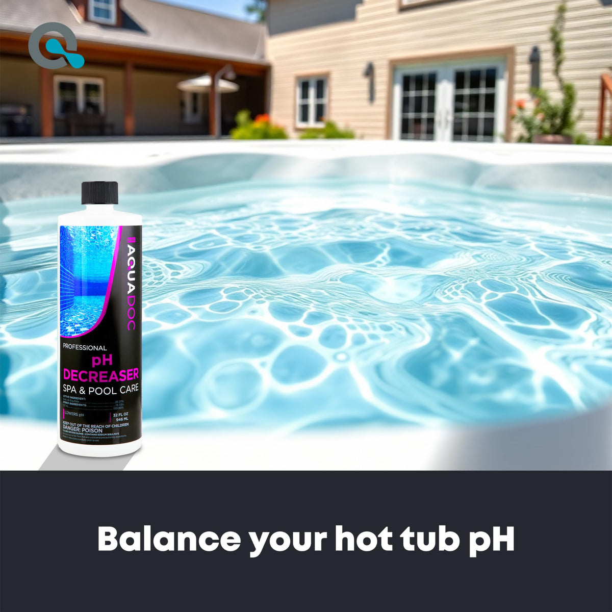 MAV AquaDoc pH Decreaser being poured into a hot tub to adjust balance.