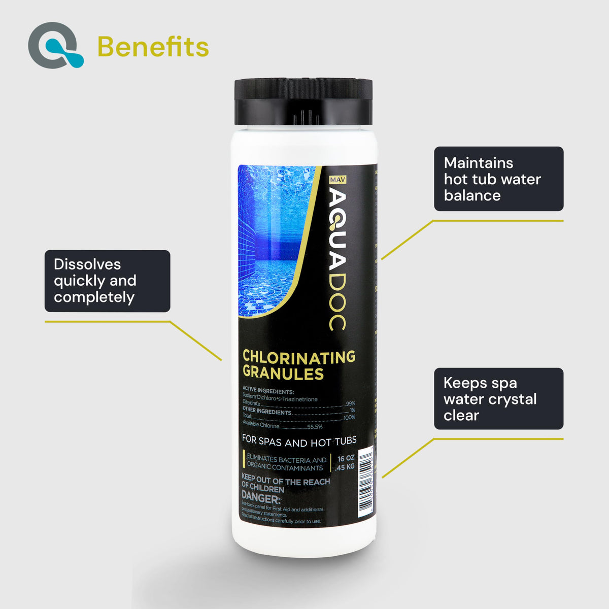 MAV AquaDoc spa chlorine granules promoting hot tub water clarity
