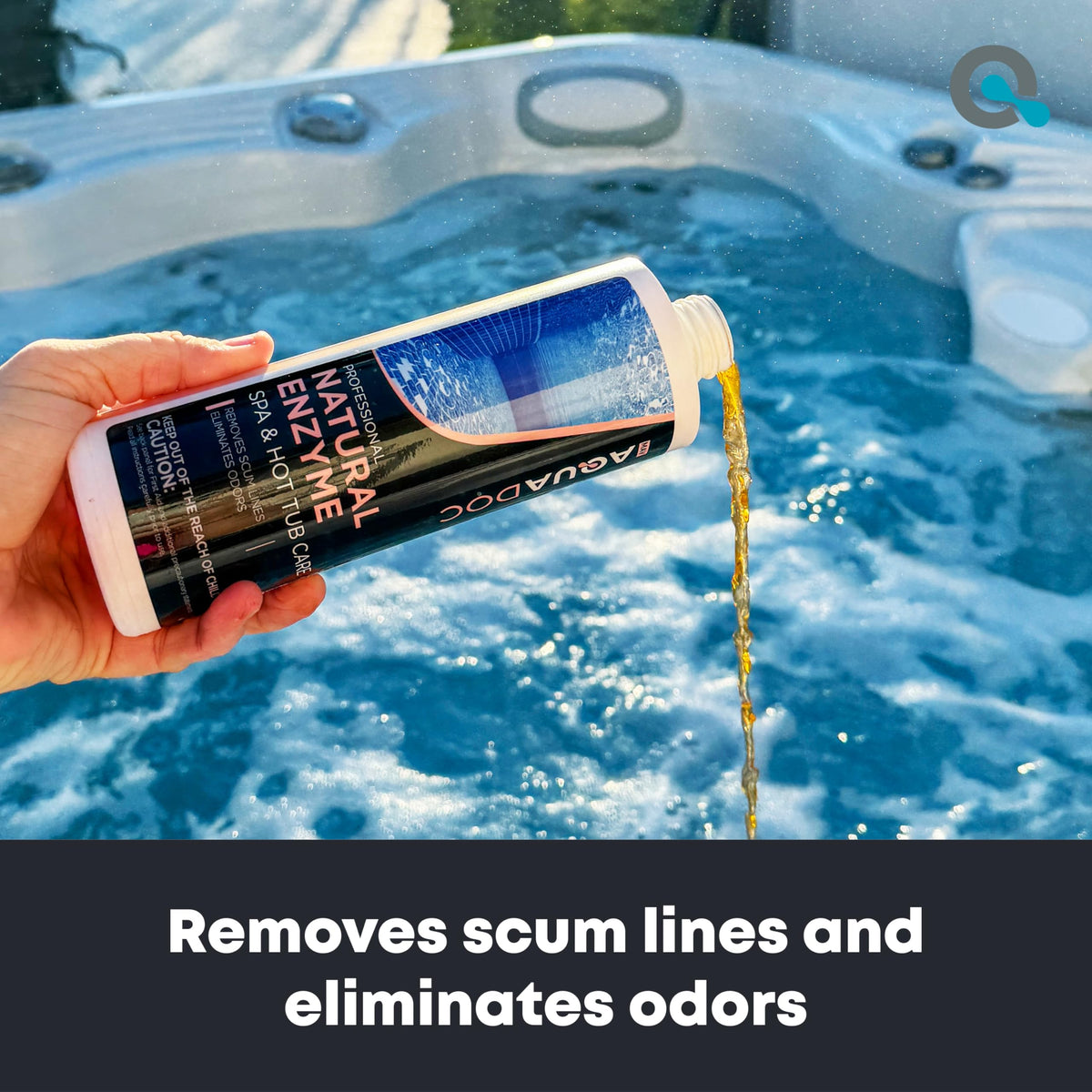 MAV AquaDoc hot tub water clarity scene highlights sparkling, balanced water after treatment.