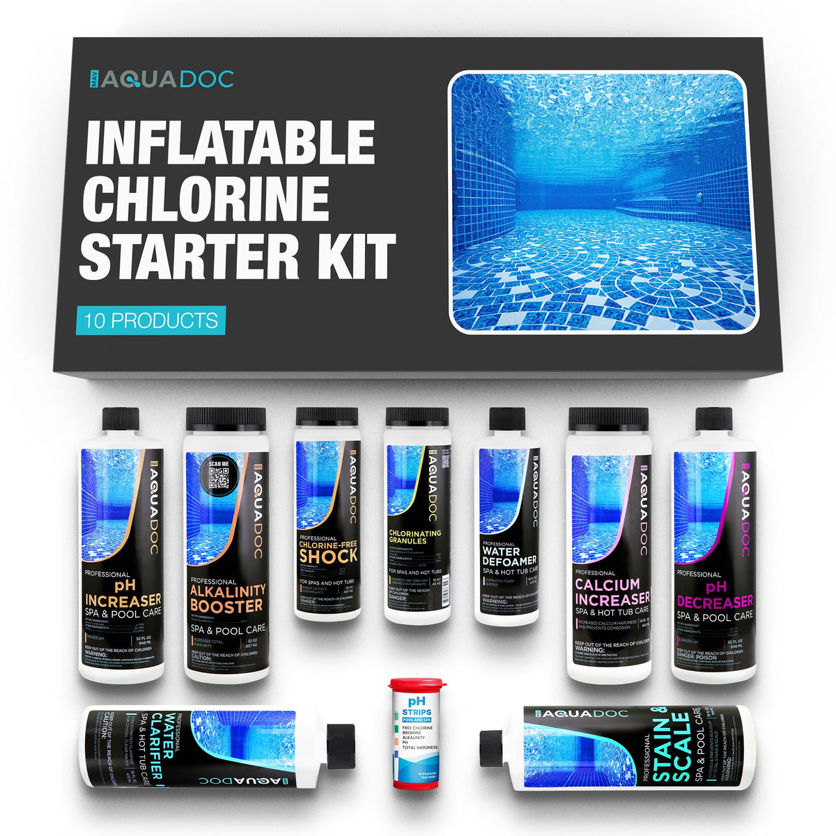 MAV AquaDoc inflatable spa kit packaging, ready for hassle-free home spa maintenance.