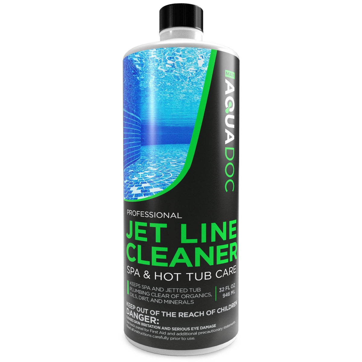 MAV AquaDoc Jet Line Cleaner bottle ready for hot tub jet line cleaning, clear results possible