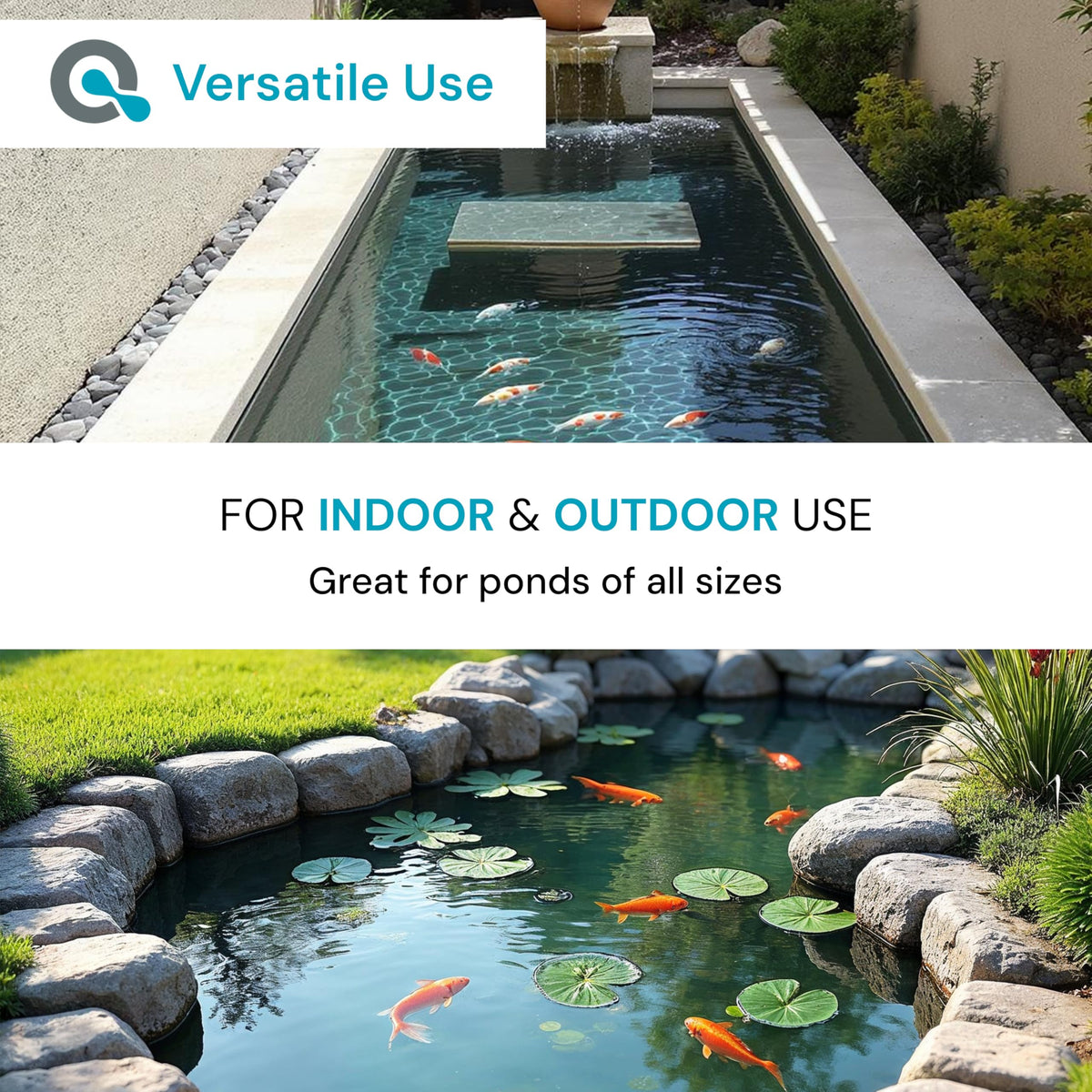 AquaDoc bottle shown outdoors beside a decorative pond feature.