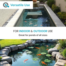 AquaDoc bottle shown outdoors beside a decorative pond feature.