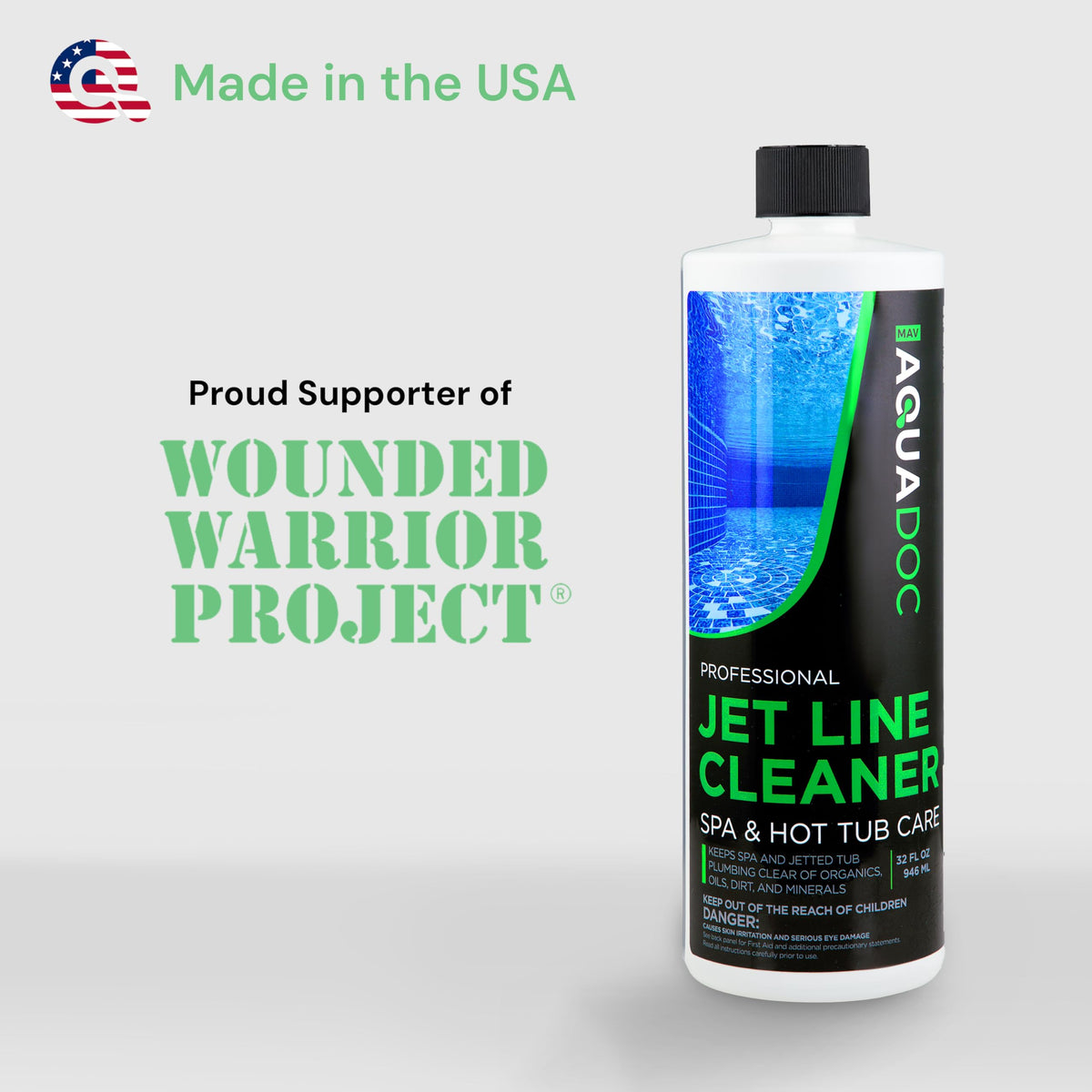 Made in the USA badge on MAV AquaDoc product packaging