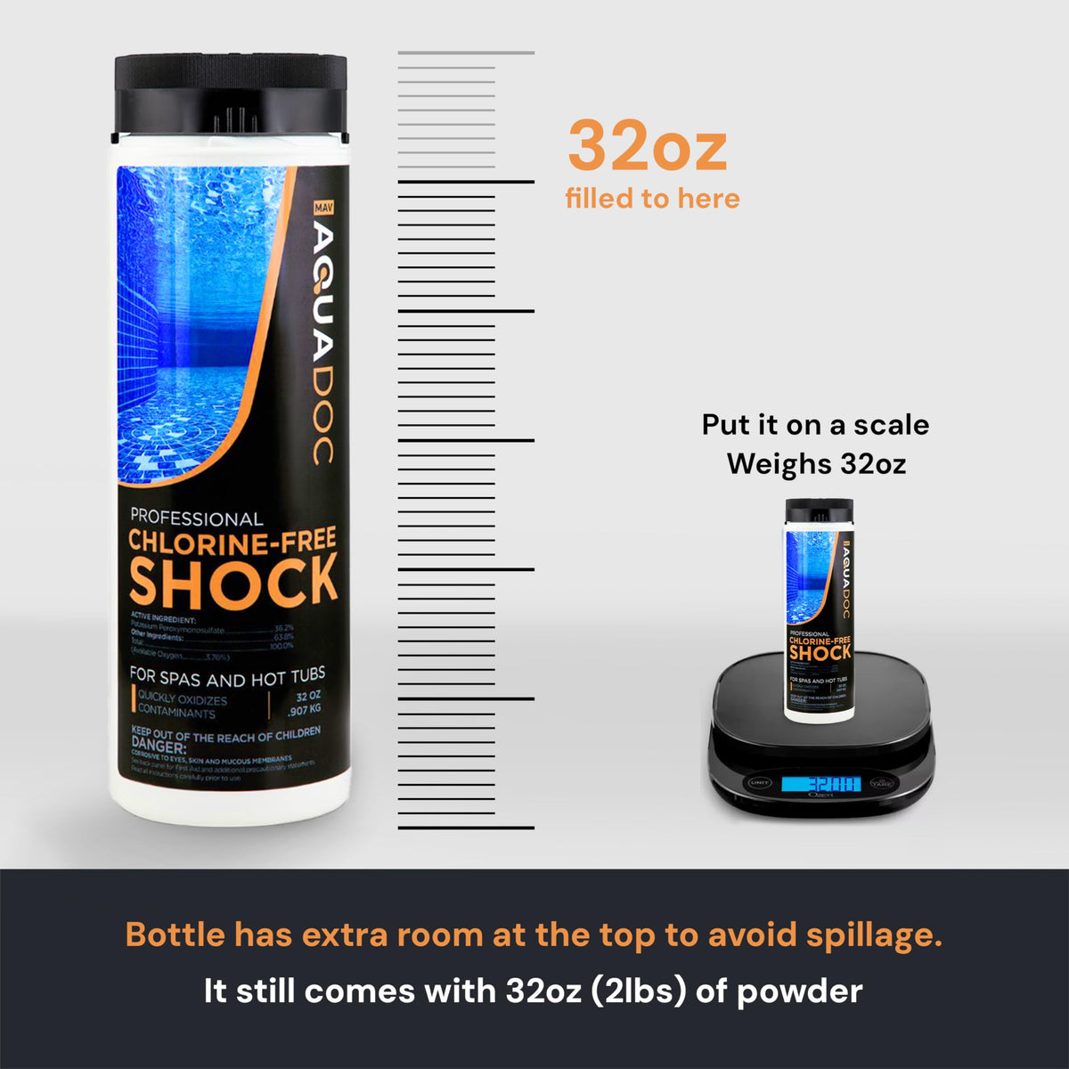 AquaDoc Made-in-USA packaging on hot tub shock bottle