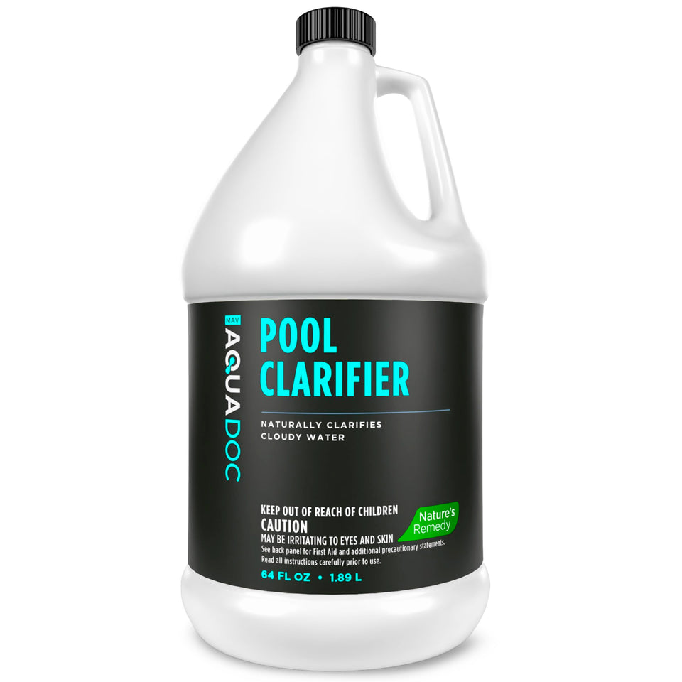 AquaDoc Natural Pool Water Clarifier bottle shows the 64oz size for clearer water.
