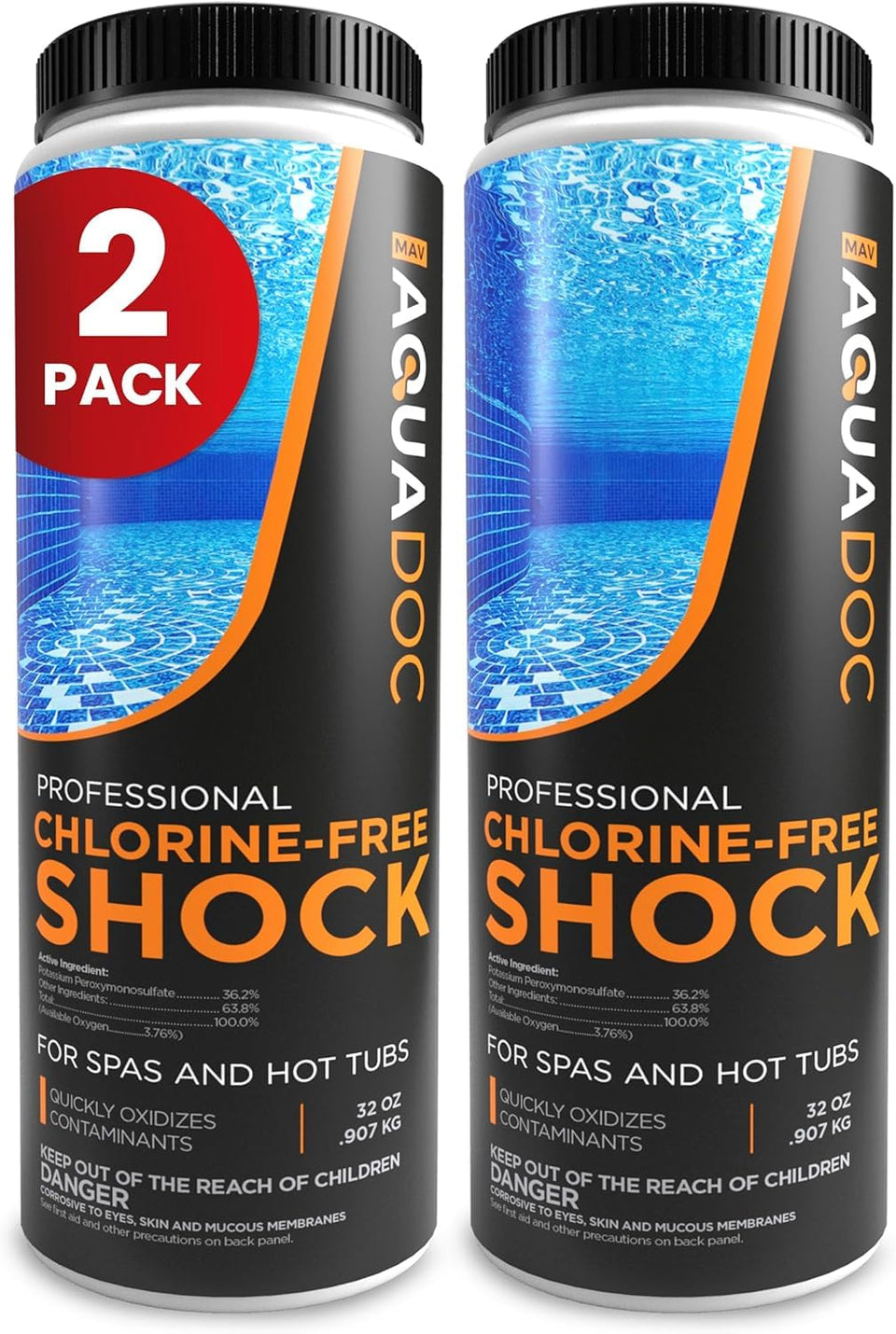 MAV AquaDoc non-chlorine hot tub shock bottle pour enhances spa clarity after use