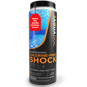 AquaDoc Non-Chlorine Hot Tub Shock bottle pouring to boost sanitizer effectiveness
