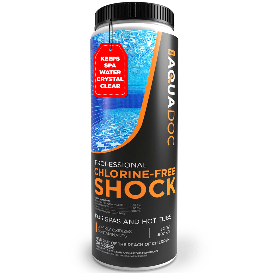 AquaDoc Non-Chlorine Hot Tub Shock bottle pouring to boost sanitizer effectiveness