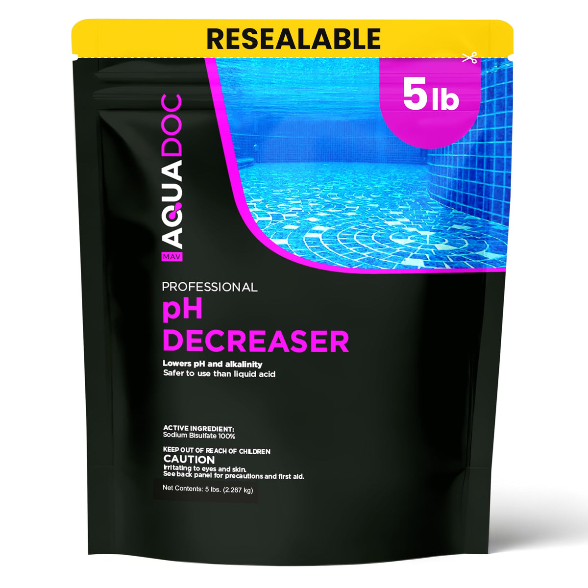 MAV AquaDoc pH Down 5 lb bag for simple pool pH adjustment.