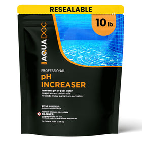 MAV AquaDoc pH Up bottle on poolside ready to balance pool water.