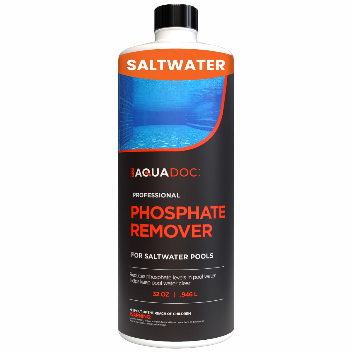 MAV AquaDoc phosphate remover bottle closeup for clearer saltwater pool water