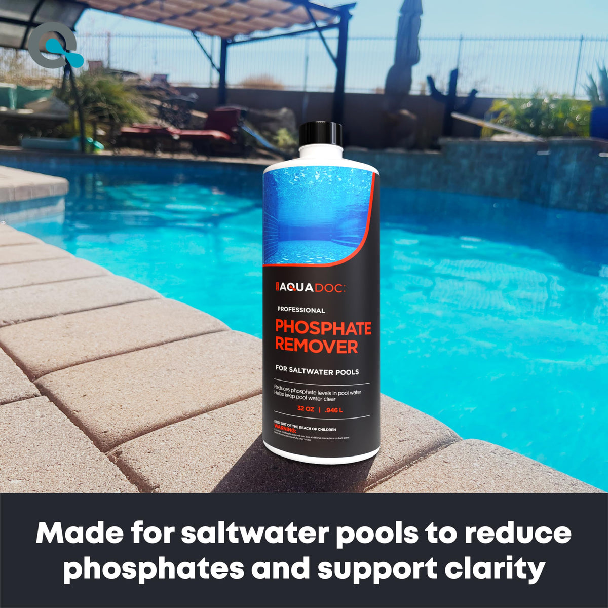 Pouring MAV AquaDoc phosphate remover into saltwater pool during maintenance