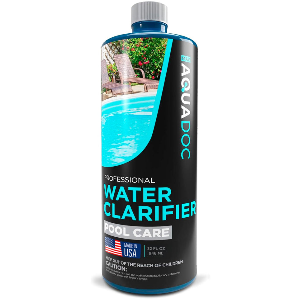 AquaDoc pool clarifier bottle shown, initiating water clarification for clearer pool water