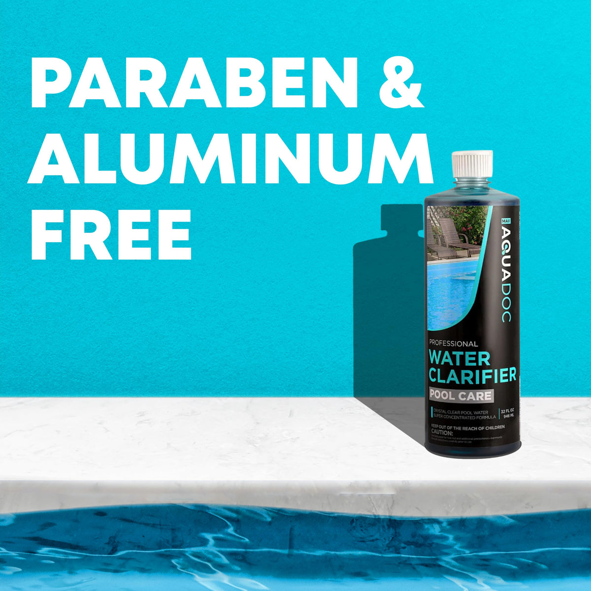 AquaDoc pool clarifier clear-water sample shows improved translucence after treatment