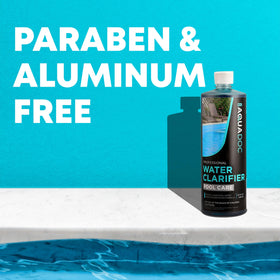 AquaDoc pool clarifier clear-water sample shows improved translucence after treatment