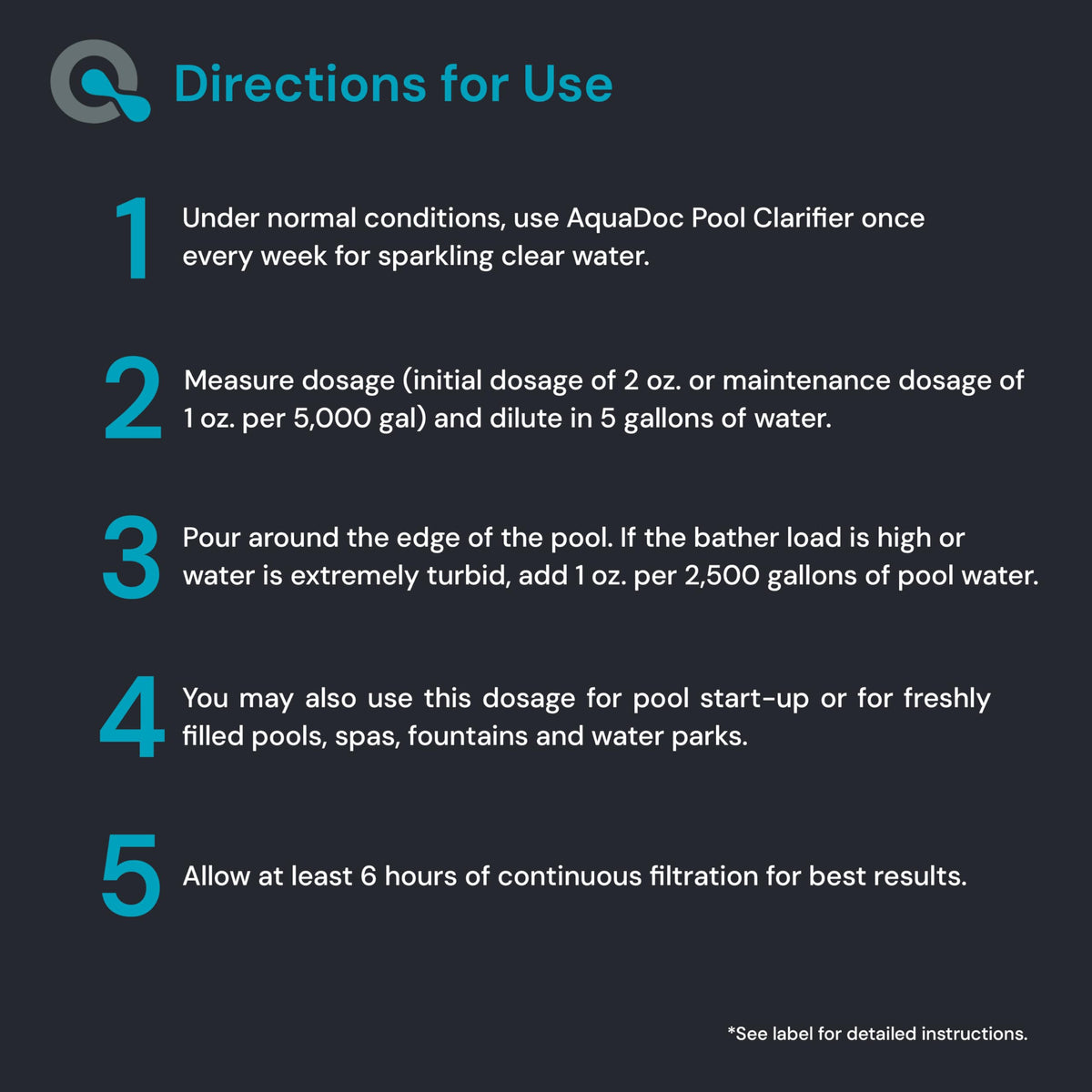 AquaDoc pool clarifier label on container aids safe weekly use
