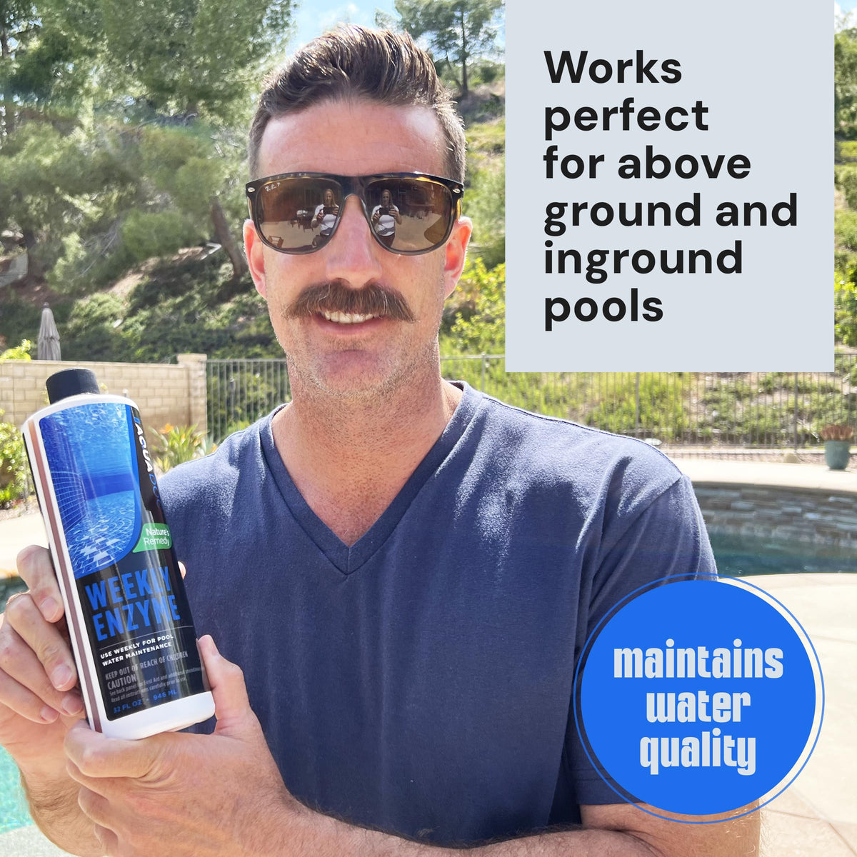 MAV AquaDoc enzyme application pour demonstrates simple dosing to support clean pool water.