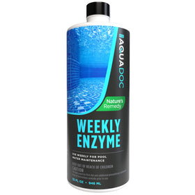 MAV AquaDoc pool enzyme treatment bottle for clearer water and easier weekly maintenance.
