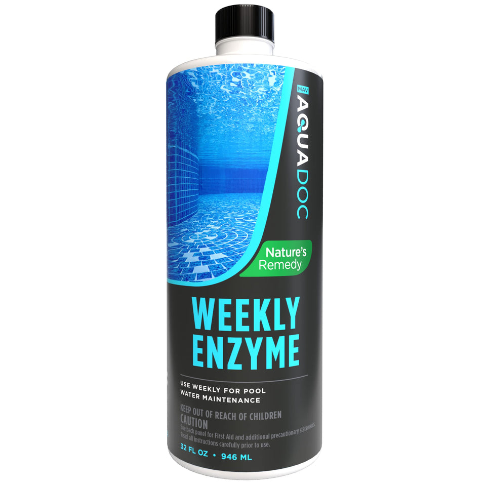 MAV AquaDoc pool enzyme treatment bottle for clearer water and easier weekly maintenance.