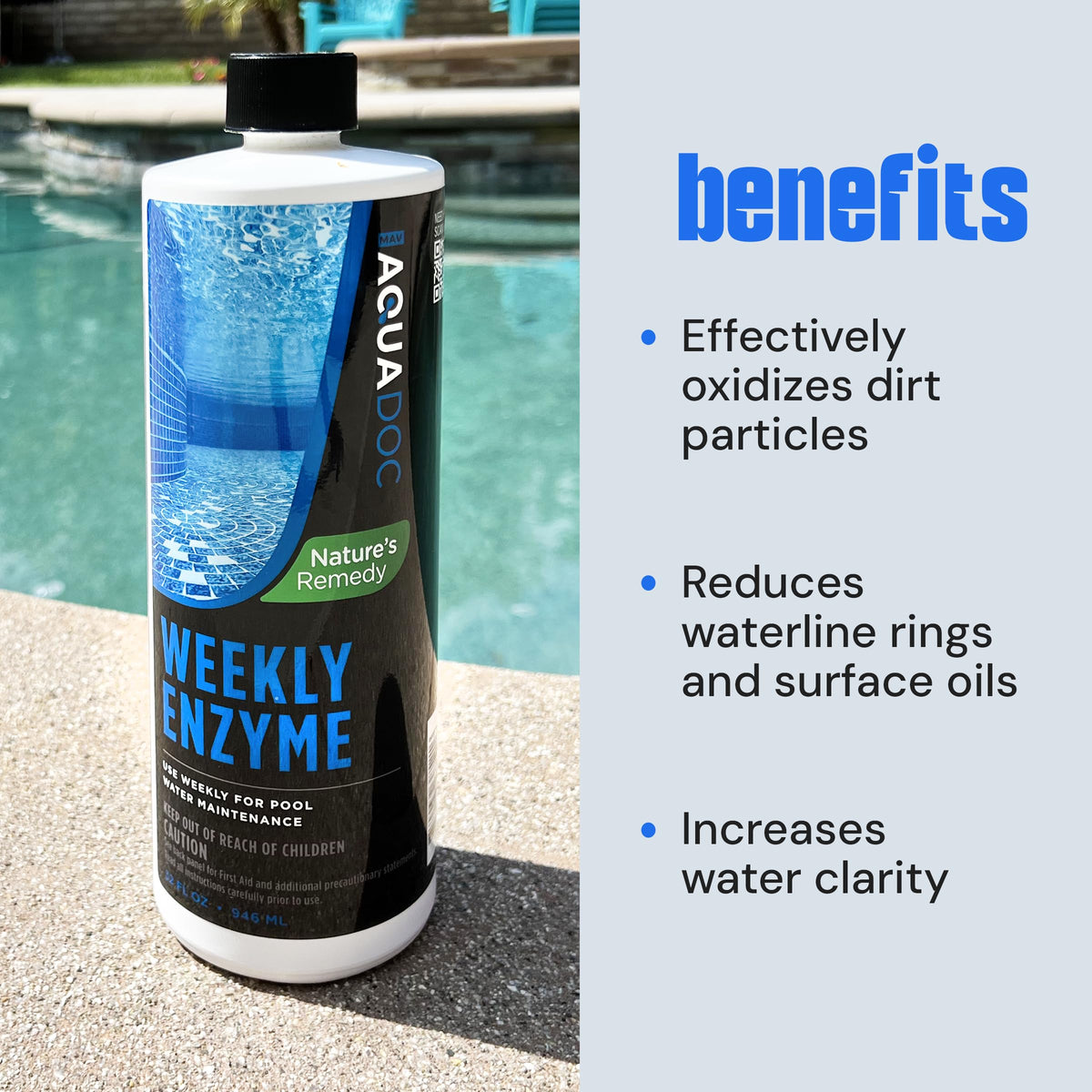 MAV AquaDoc pool enzyme treatment dosing guide shows simple weekly use.