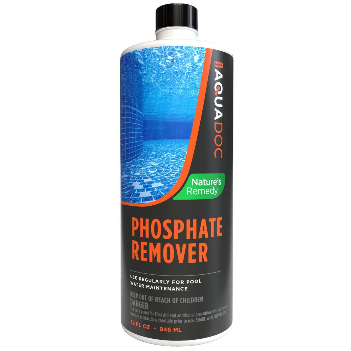 MAV AquaDoc pool phosphate remover bottle front label for easy maintenance.