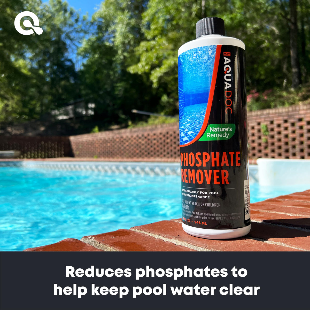 Pouring MAV AquaDoc phosphate remover into a pool skimmer for treatment.