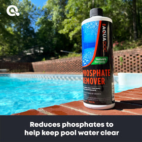 Pouring MAV AquaDoc phosphate remover into a pool skimmer for treatment.