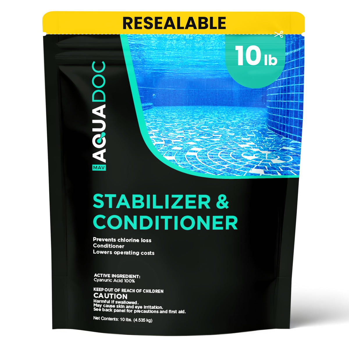 MAV AquaDoc pool stabilizer bottle pour for lasting chlorine protection
