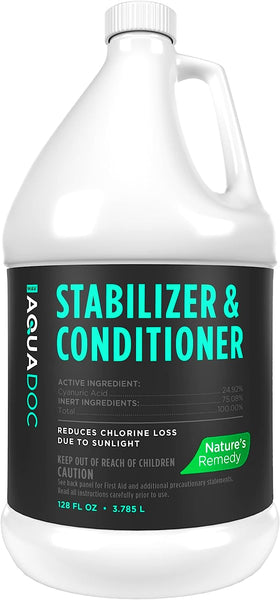 MAV AquaDoc pool stabilizer bottle demonstrates strong chemical efficiency.