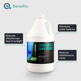 MAV AquaDoc pool stabilizer pouring bottle shows quick, easy application.