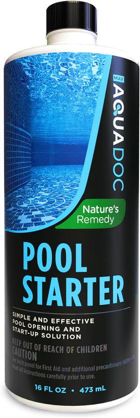 MAV Aquadoc Pool Starter bottle pour demonstrates easy use for quick opening.