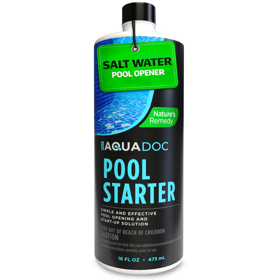 MAV Aquadoc saltwater startup enzyme bottle pour reduces winter residue for faster pool opening.